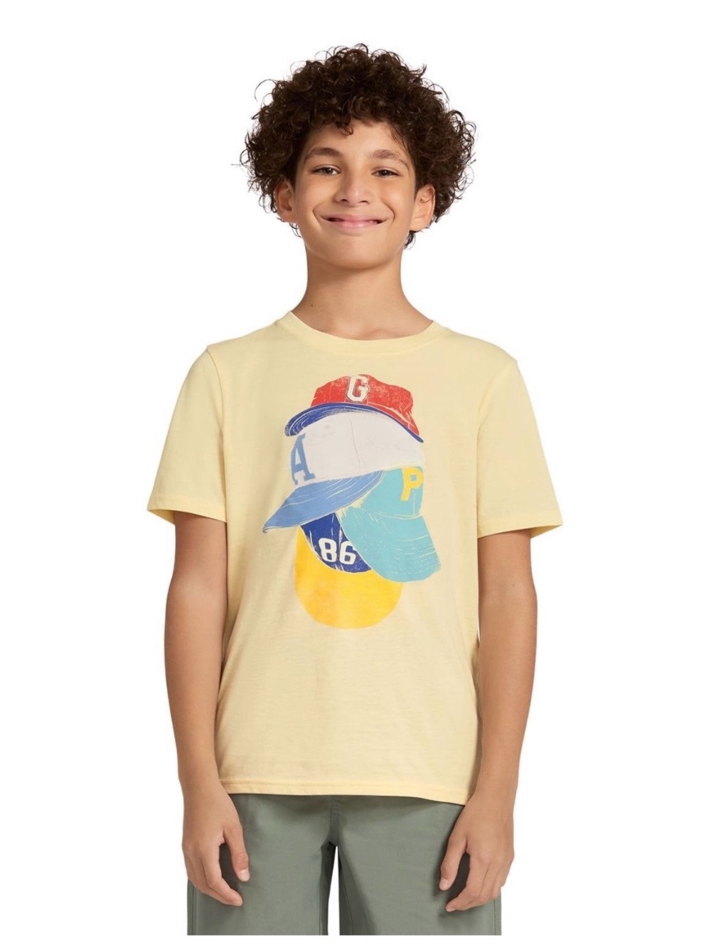 GAP Pale Yellow Short Sleeve Tee with Multicolor Baseball Cap Graphic